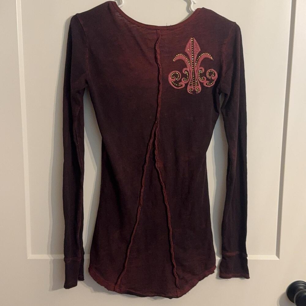 Y2K Velvet Stone Tunic T Shirt S Red Cross Embroidered Rhinestone Long Sleeve